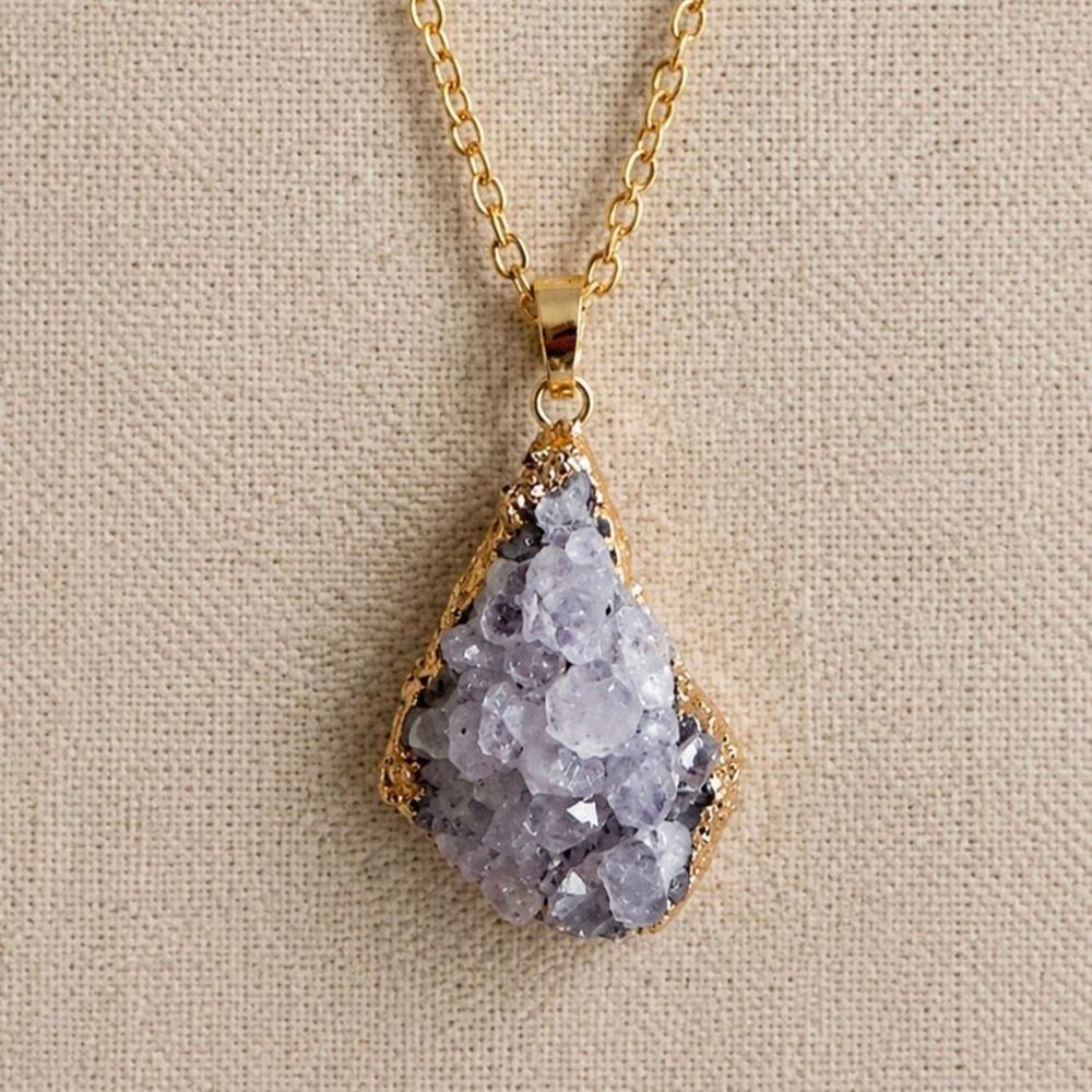 Men’s Grey Druzy Quartz Pendant Necklace - Rough Crystal Nugget with Gilded Edge